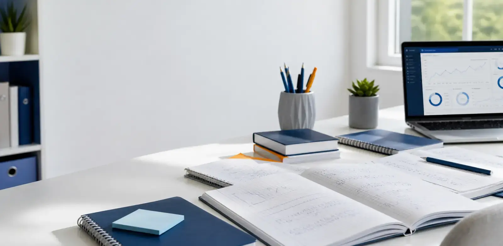 A bright study desk with notebooks and a laptop for academic planning