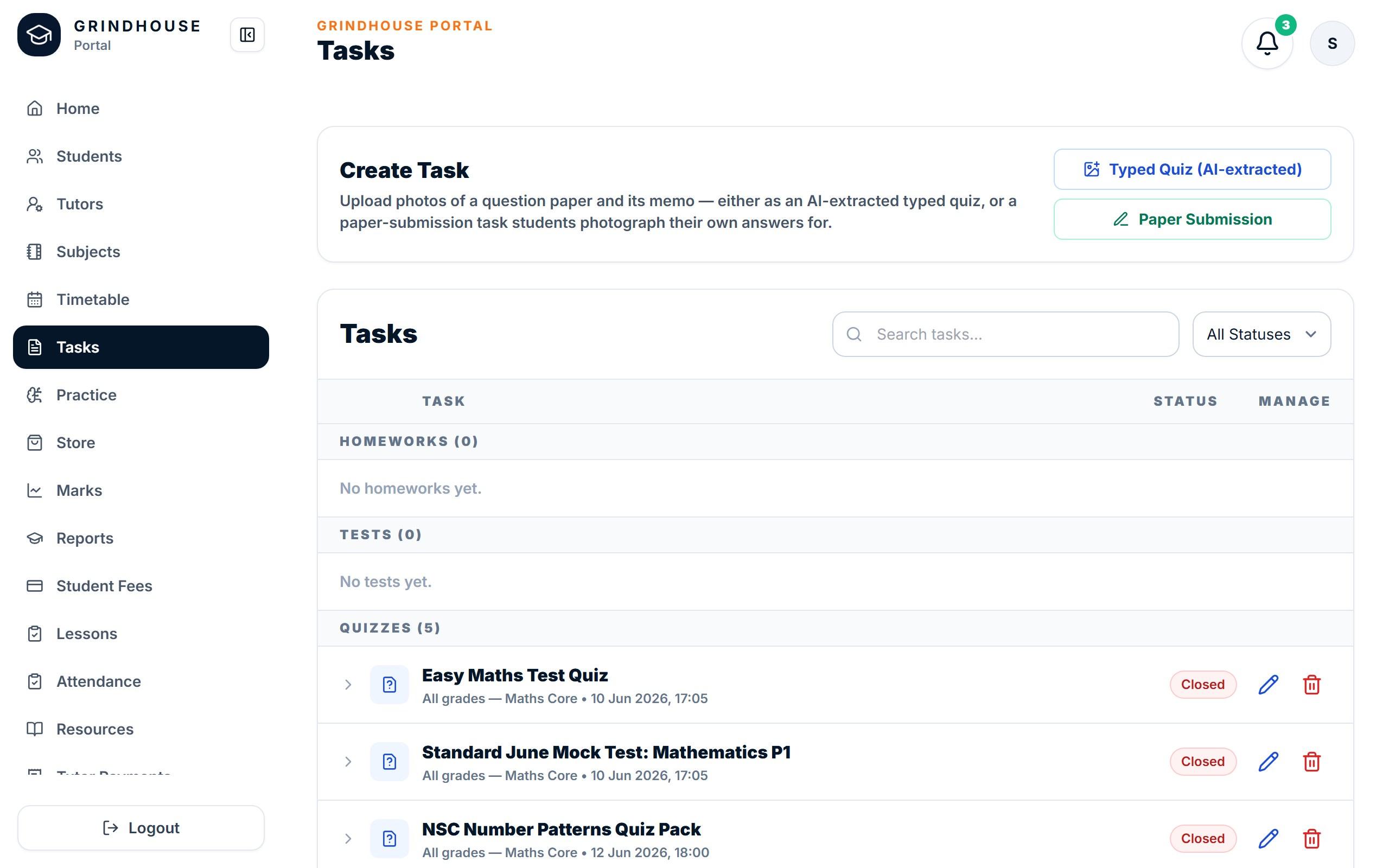 The tutor Tasks page with Create Task options and a list of tasks grouped by type