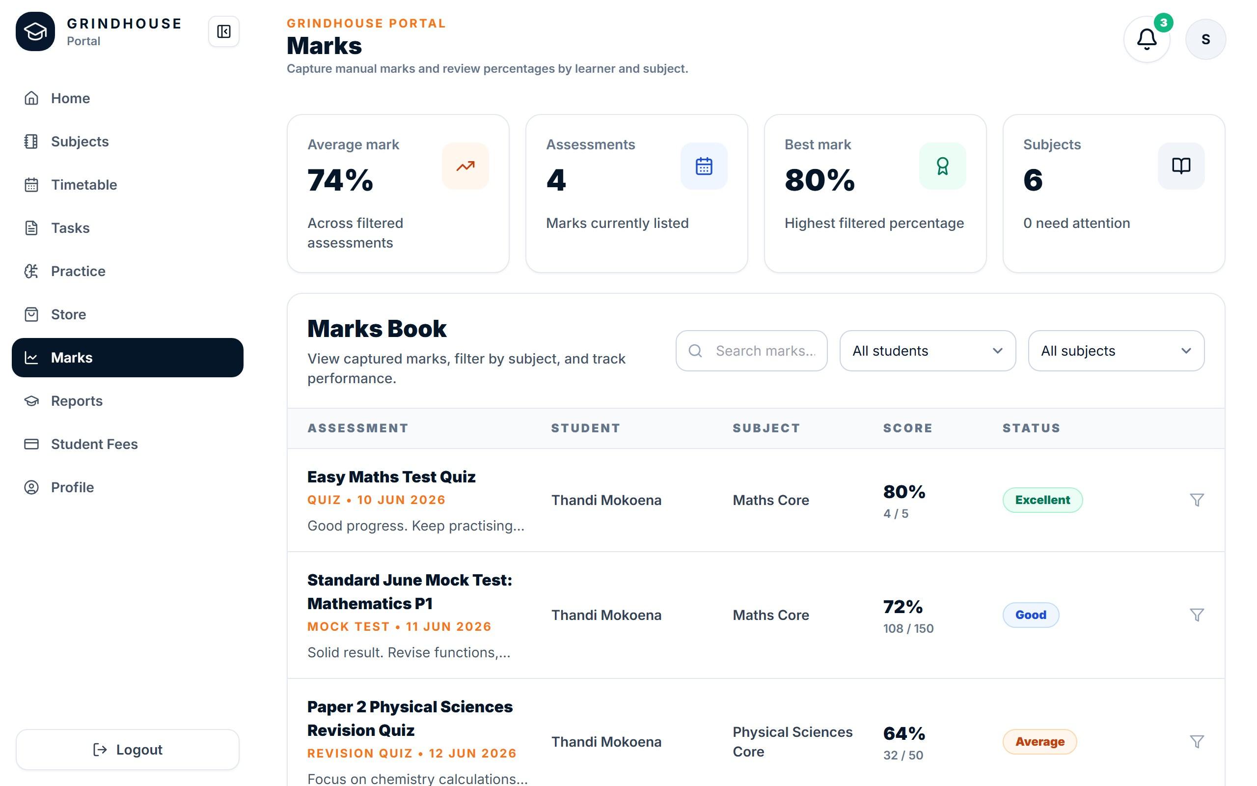 The Marks page showing average mark, best mark and a marks book listing assessments and scores
