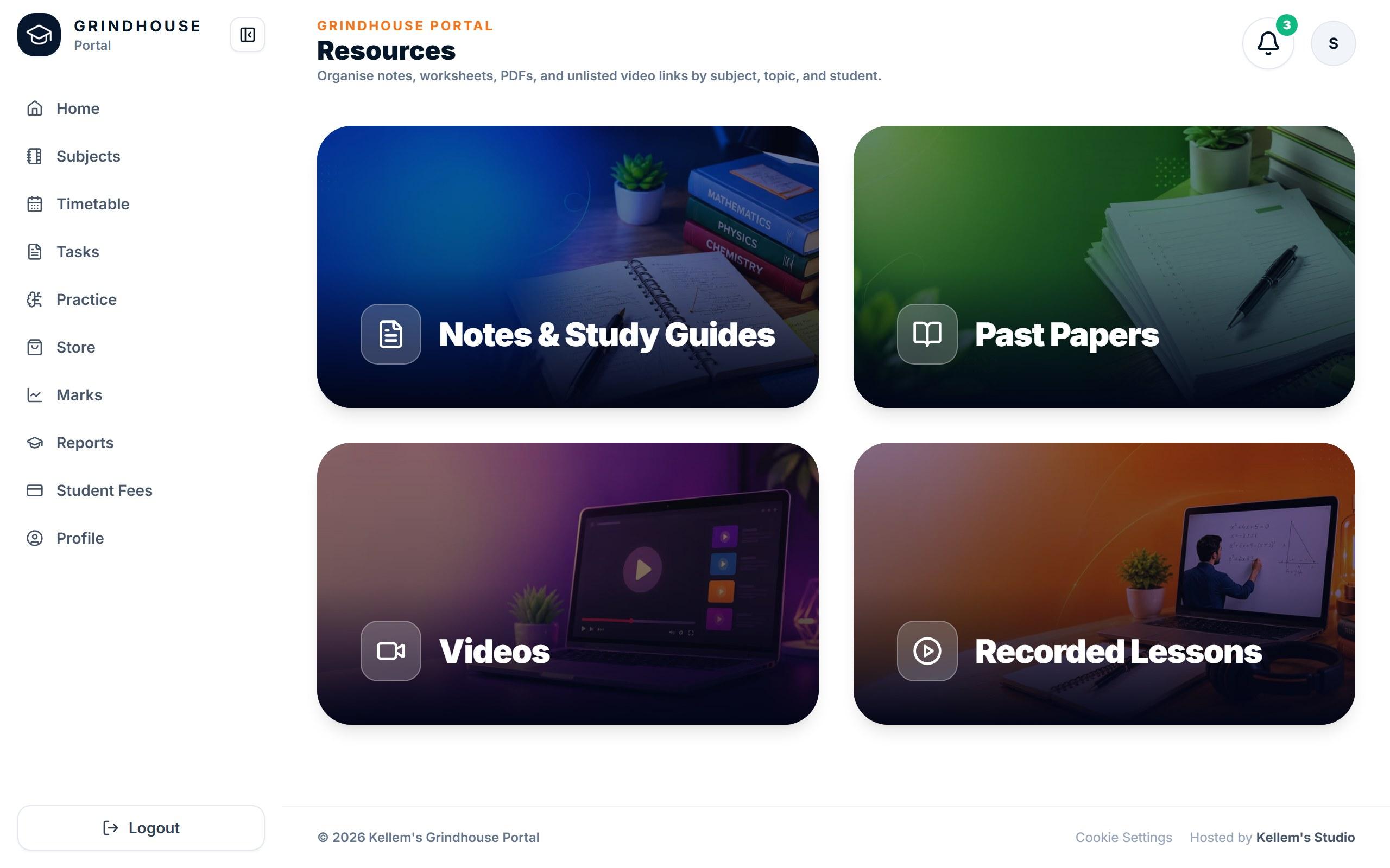 The Resources page with Notes and Study Guides, Past Papers, Videos and Recorded Lessons