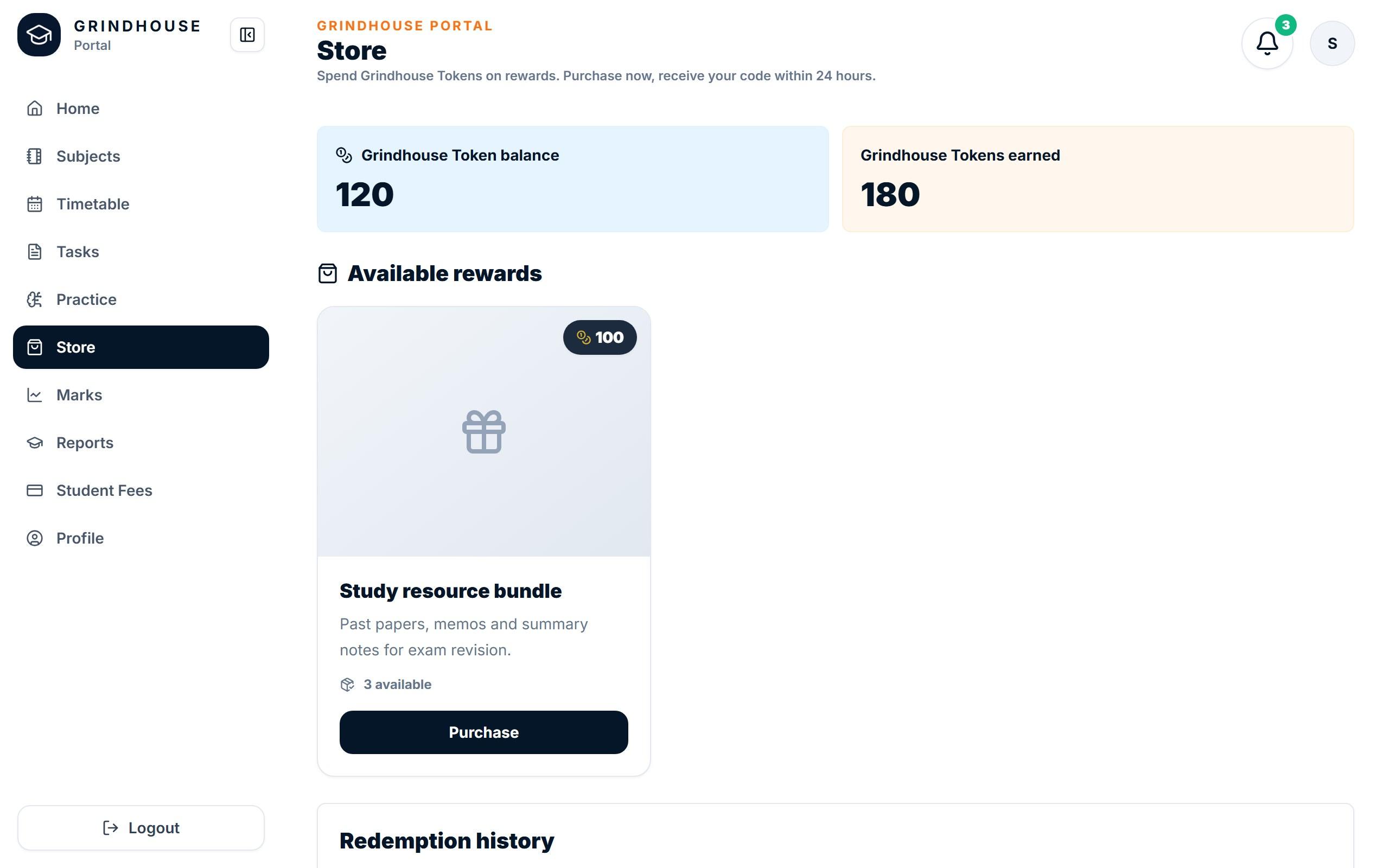 The Store page showing a Grindhouse Token balance and an available reward