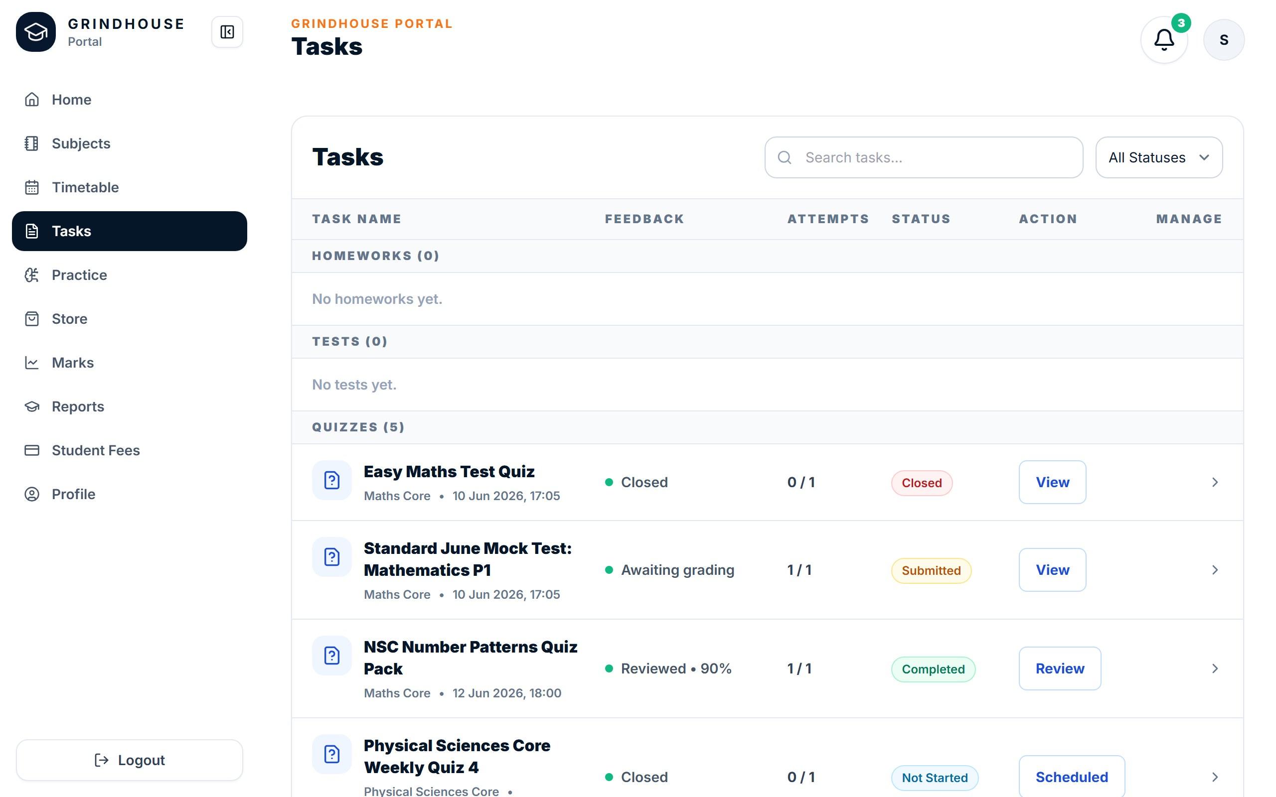 The Tasks page showing quizzes grouped with their due dates, feedback and status